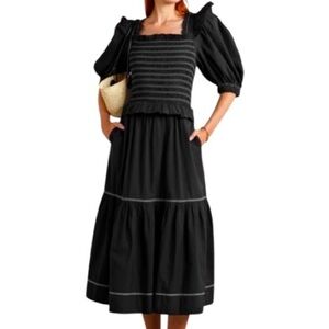 SEA Sibylle Ruched Puff Sleeve Tiered Midi Dress